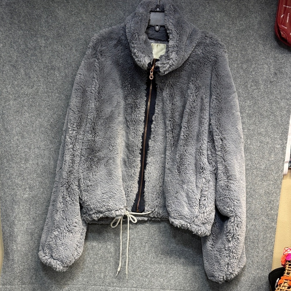 Anthropology Elevenses Charcoal plum  Teddy Jacket faux fir lined jacket L - Picture 2 of 9